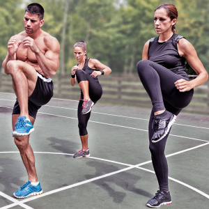 The Power of Moving Together An energetic group performing a high-knee functional training exercise outdoors, showcasing coordination and strength.