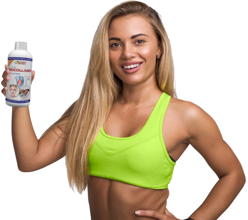 A smiling, confident woman in fitness attire holding up a bottle of Vital Procollagen, endorsing it as part of her healthy lifestyle.