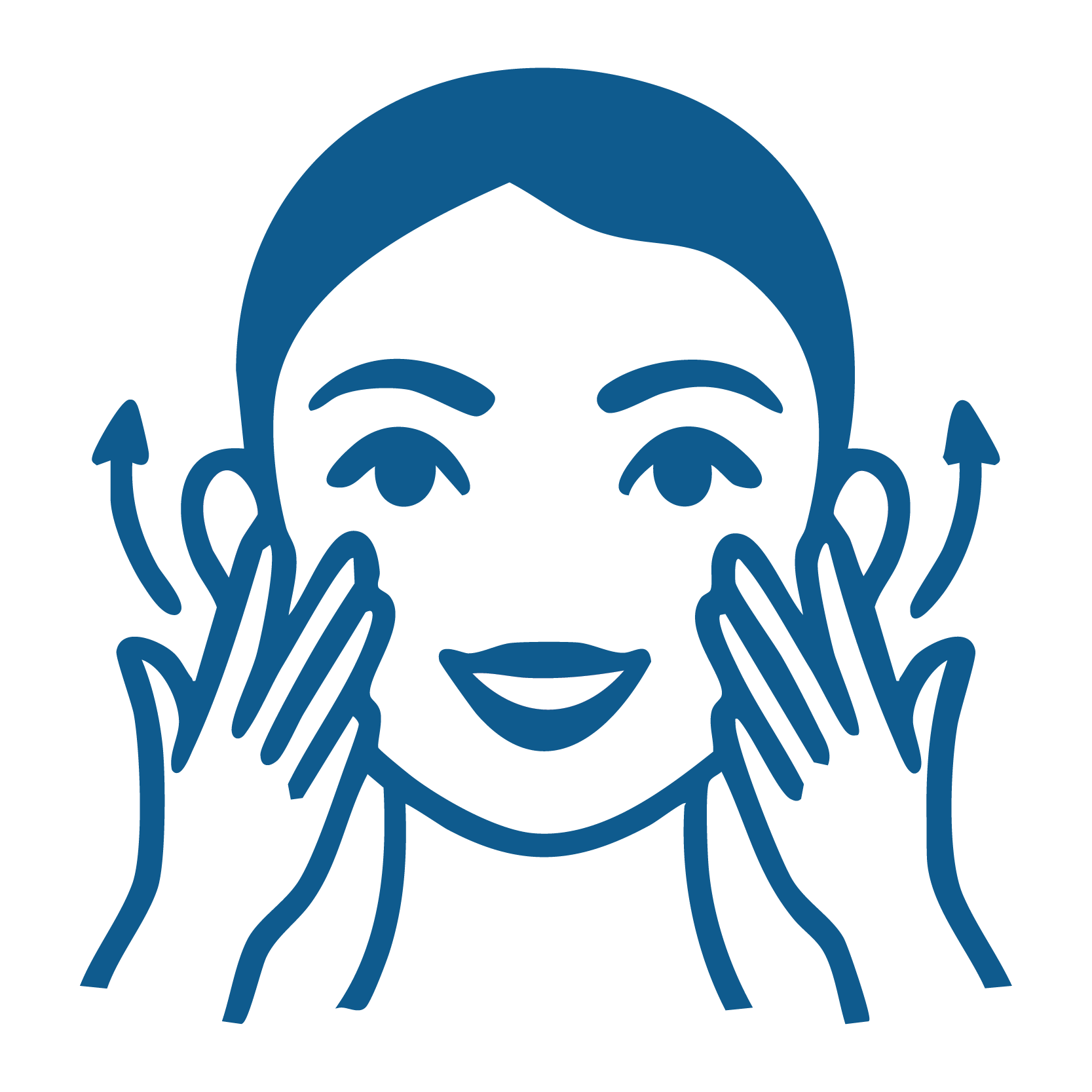 Minimalist line icon of a smiling woman touching her face, symbolizing skin rejuvenation.