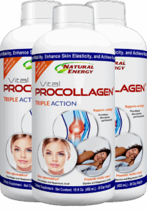 A product shot of the Vital Procollagen Triple Action supplement bottle, clearly showing the label and its three core benefits.