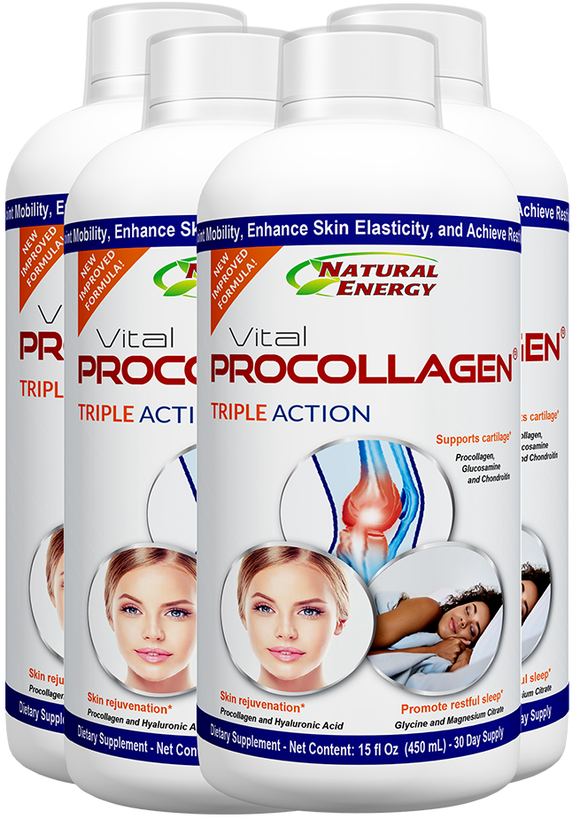 A product shot of the Vital Procollagen Triple Action supplement bottle, clearly showing the label and its three core benefits.