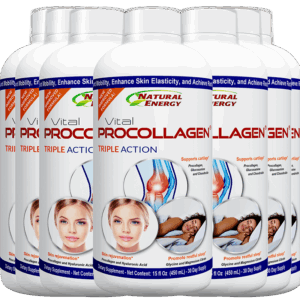 A product shot of the Vital Procollagen Triple Action supplement bottle, clearly showing the label and its three core benefits.