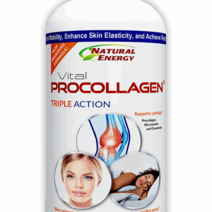 A product shot of the Vital Procollagen Triple Action supplement bottle, clearly showing the label and its three core benefits.
