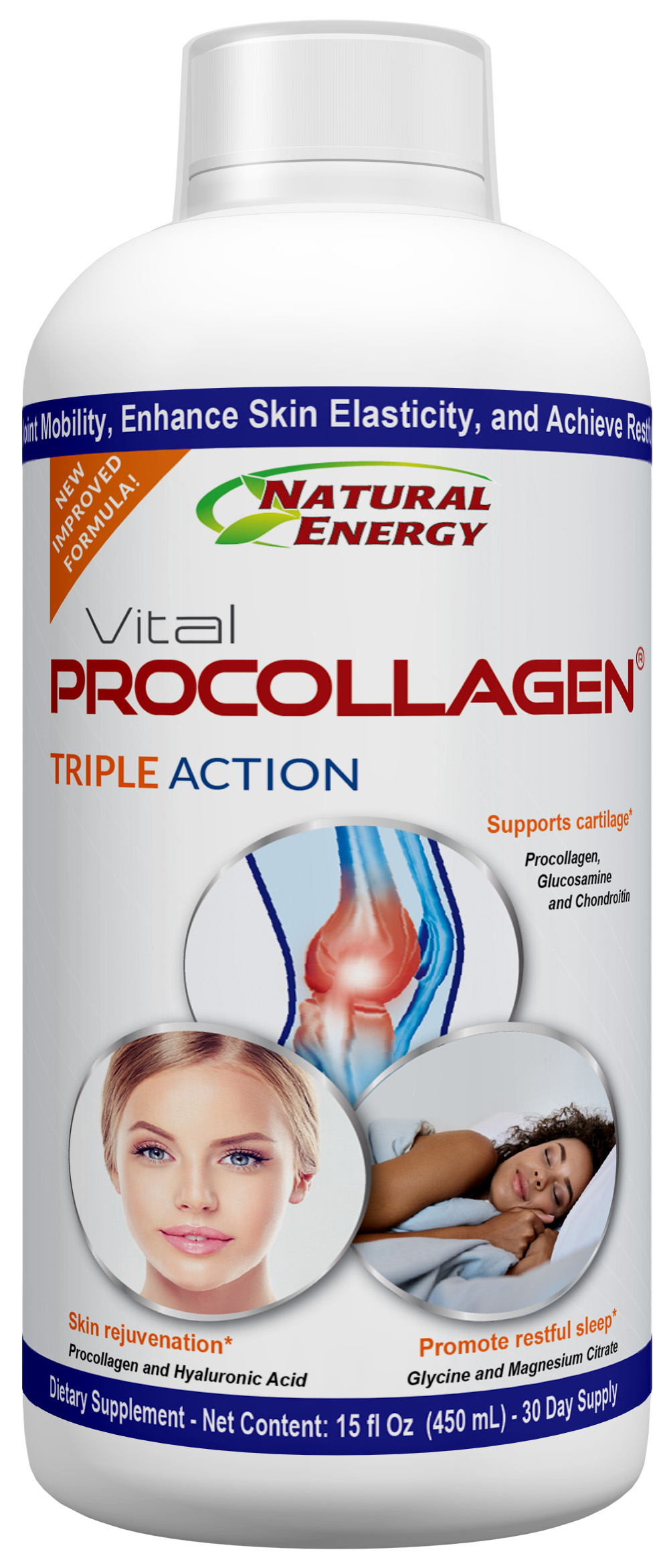 Our Triple Action Formula A product shot of the Vital Procollagen Triple Action supplement bottle, clearly showing the label and its three core benefits.