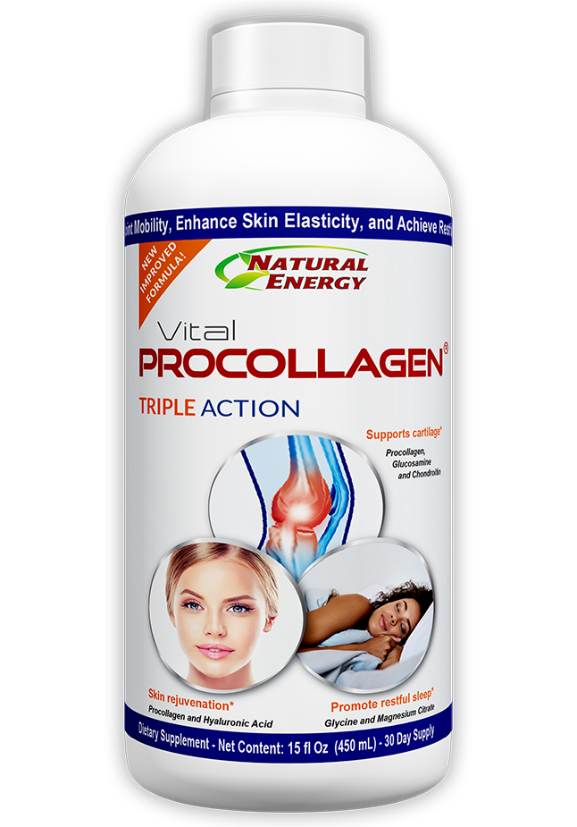Our Triple Action Formula A product shot of the Vital Procollagen Triple Action supplement bottle, clearly showing the label and its three core benefits.